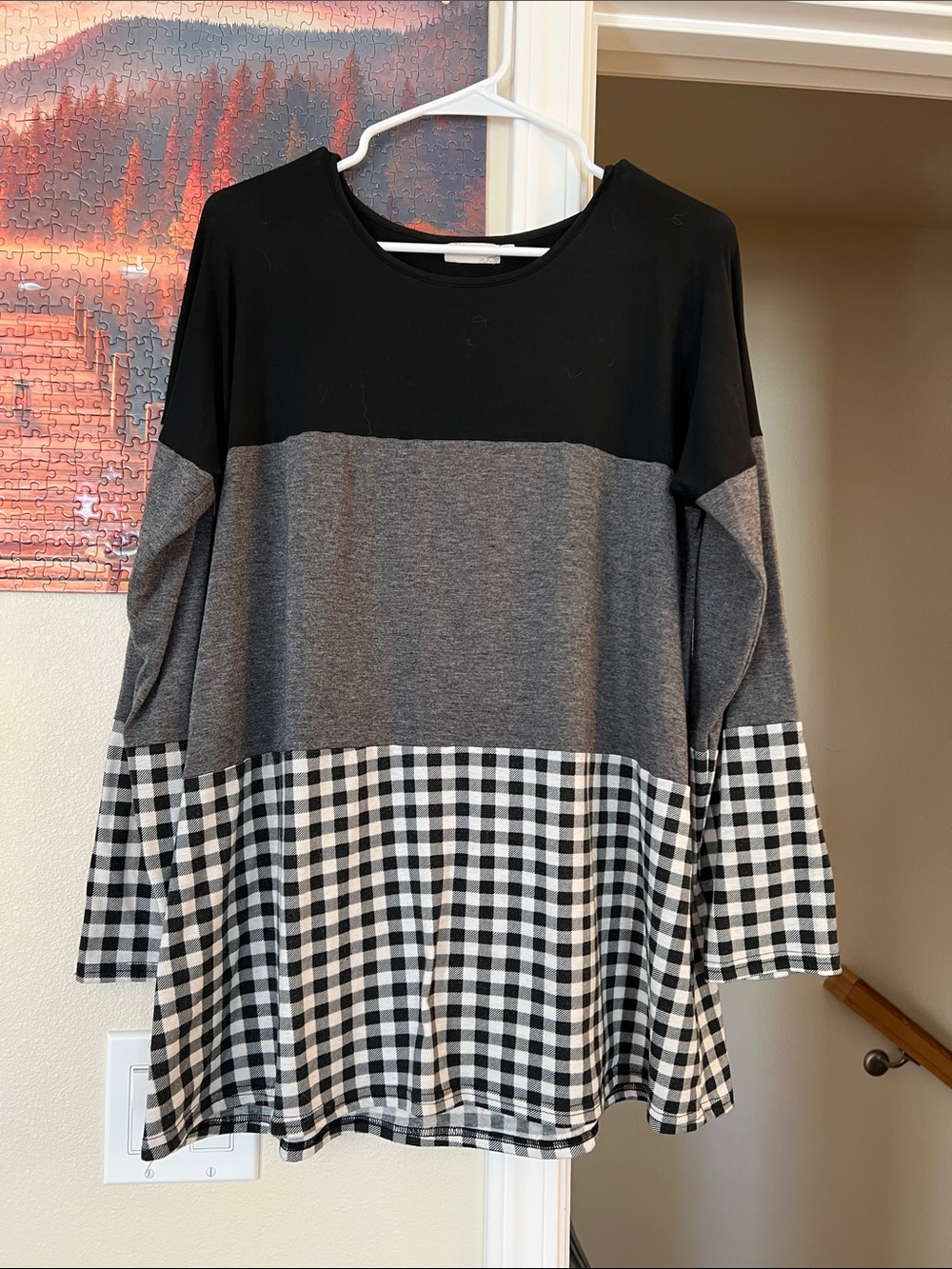 Women's Black & Gray Colorblock Gingham Tunic Top